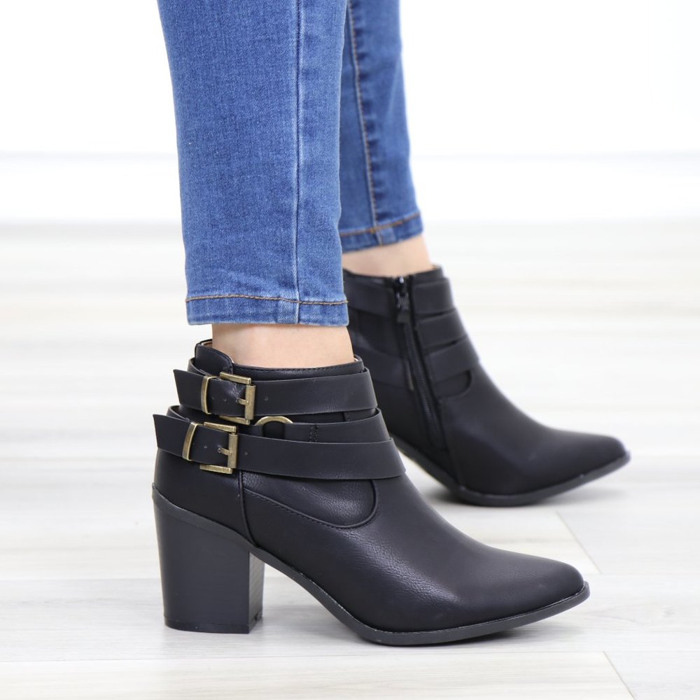 Pointy Toe Black Ankle Boots w/ Buckles - Picture 6 of 12